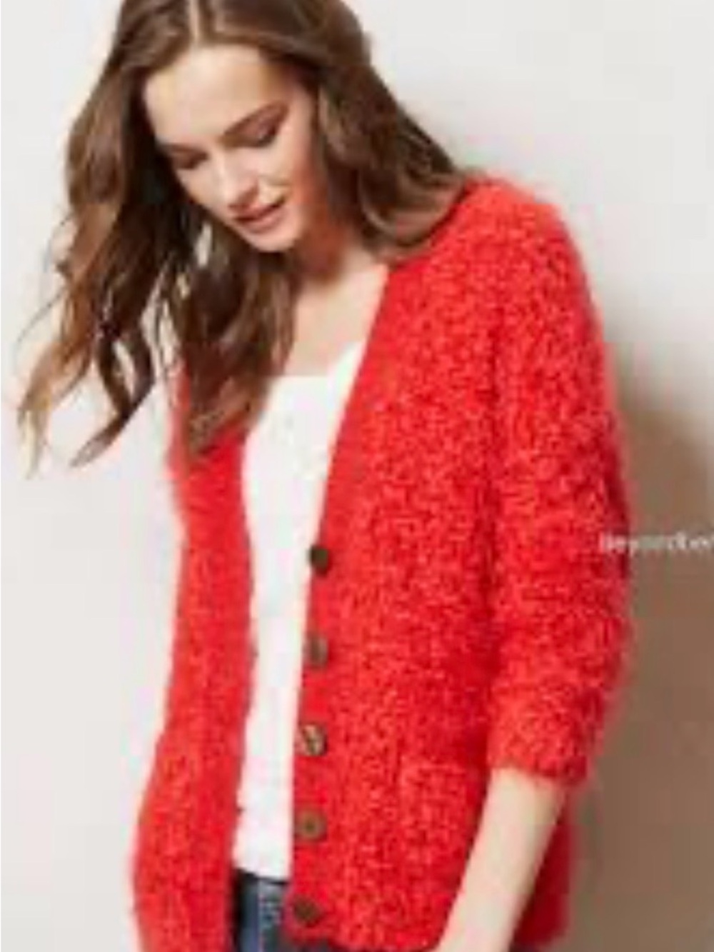 Moth Red Fuzzy Button-Front Cardigan